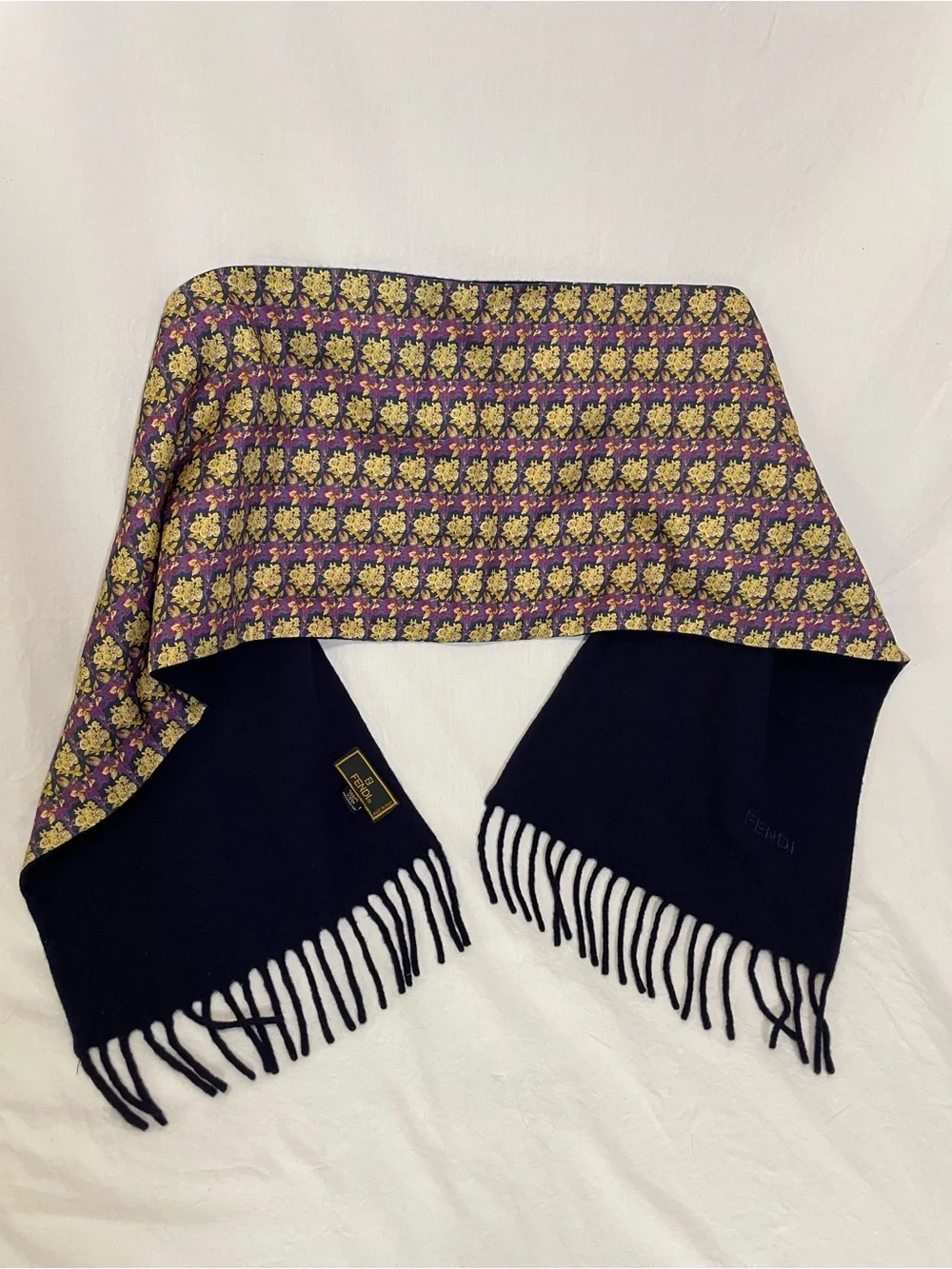 Vintage FENDI Cravatte Silk & Wool Double-Sided Fringe Scarf Floral Navy Italy